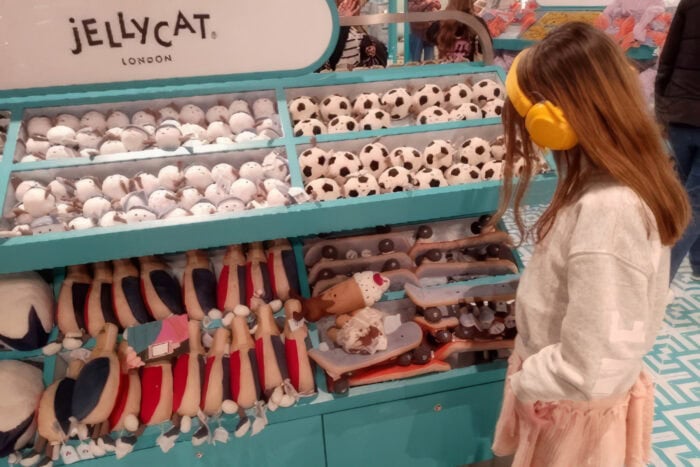 Miniature animal soft toys display at Jellycat London store.